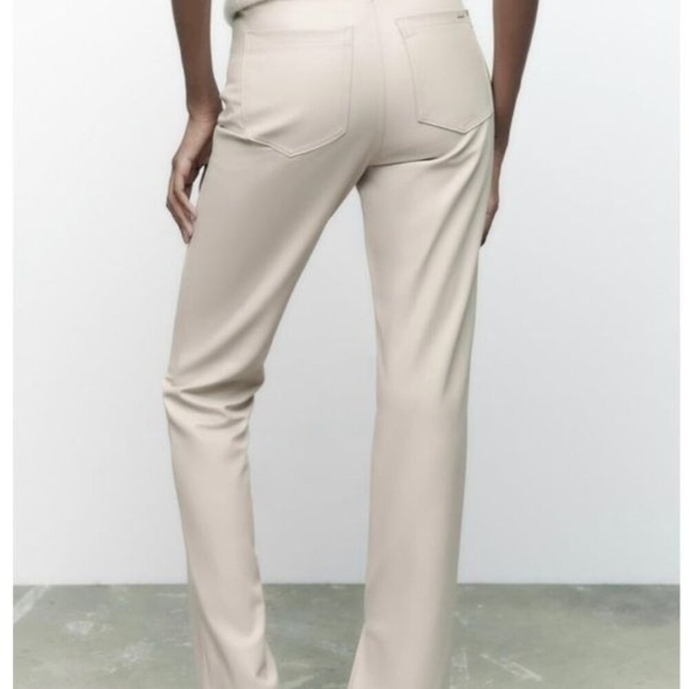 ZARA Faux Leather Super High Rise Slim Flare Pants Slit Size 2 34 Long Beige - Picture 4 of 14